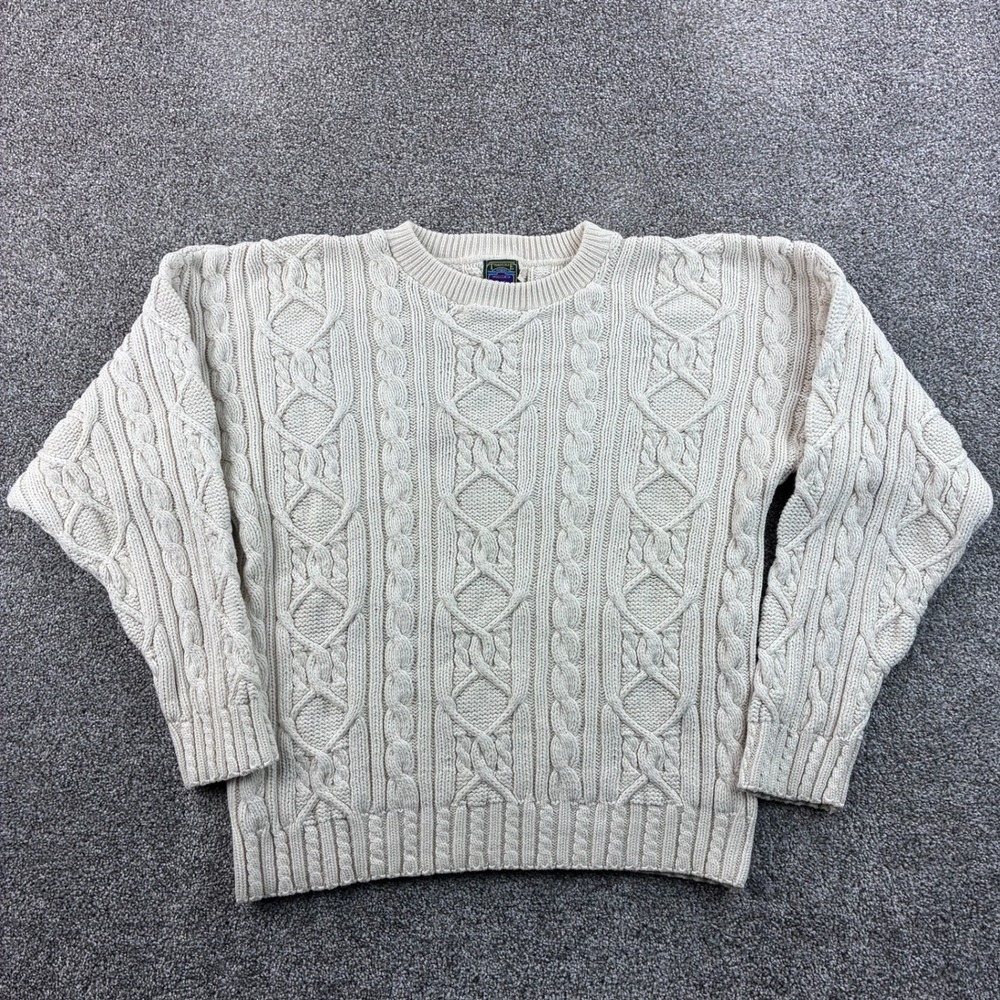 Vintage Traverse Bay Woolen Sweater Men XL Cream Cotton Fisherman Cable Knit USA